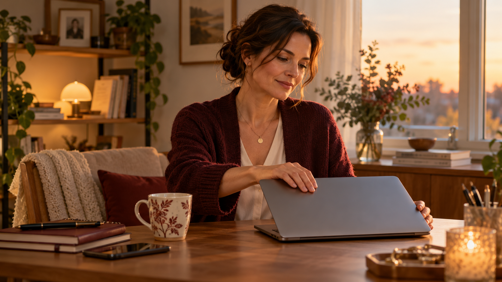 A professional woman closing her laptop at home as the working day ends
