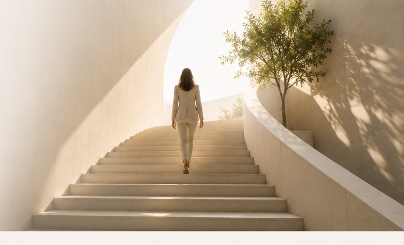 A woman ascending a sunlit staircase, symbolizing clarity, transformation, and meaningful change