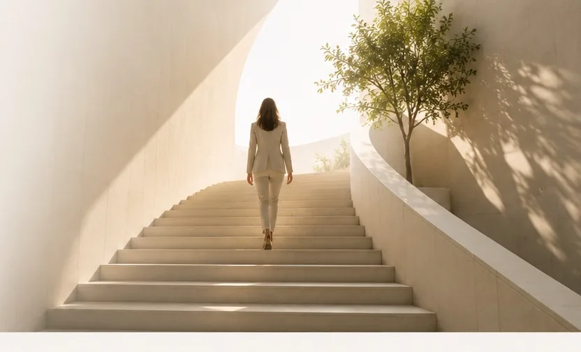 A woman ascending a sunlit staircase, symbolizing clarity, transformation, and meaningful change